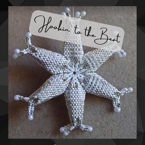 May include: A handmade, beaded snowflake ornament in silver and white. The six-pointed star has a central white bead cluster and is adorned with small, round beads. The ornament has a tag that reads "Hookin' to the Beat".