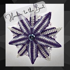 Op de afbeelding: Een paarse en witte parelster-versiering met een donkerpaarse kristal in het midden. De versiering hangt aan een touwtje en heeft de tekst "Hookin' to the Beat" erboven geschreven.