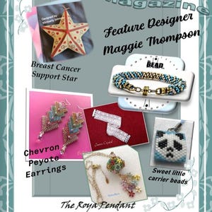 Könnte beinhalten: Ein Magazin-Cover für Creative Crafter's Magazine mit der Designerin Maggie Thompson. Das Cover zeigt verschiedene Perlenprojekte, darunter einen Brustkrebs-Support-Stern, Chevron-Peyote-Ohrringe, eine Pandaperle und ein Perlenarmband. Der Text "FOR YOUR CRAFTING CREATIVITY" befindet sich am unteren Rand des Covers.