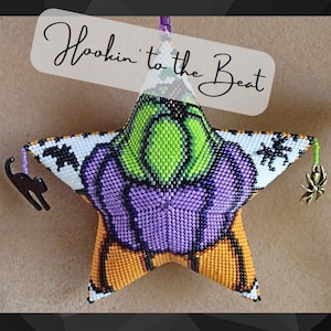 May include: A purple, green, and orange beaded star-shaped ornament with the text "Hookin' to the Beat" on a white background. The ornament has a black cat charm and a spider charm.