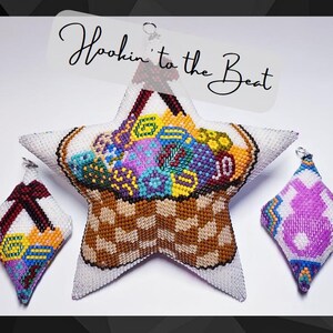 May include: Three beaded ornaments, each in the shape of a star, a diamond, and a square. The star ornament features a basket filled with colorful beads, the diamond ornament features a pink bunny, and the square ornament features a red bow and colorful beads. The ornaments are all white with a white background. The text "Hookin' to the Beat" is written in black cursive on a white tag.