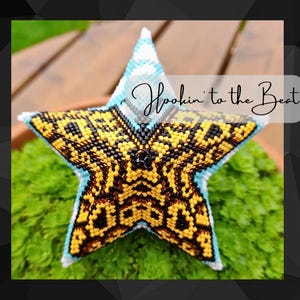 May include: A yellow, black, and white beaded star with the text "Hookin' to the Beat" in white cursive lettering.