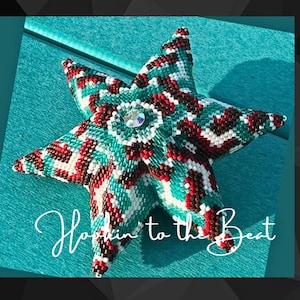 May include: A beaded star ornament in shades of red, white, brown, and teal with a clear rhinestone in the center. The star is on a turquoise background with the text "Hoppin' to the Beat".