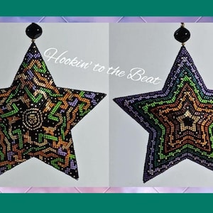 May include: Two beaded star ornaments with a black, green, purple, and orange geometric pattern. The text "Hookin' to the Beat" is visible in the image.