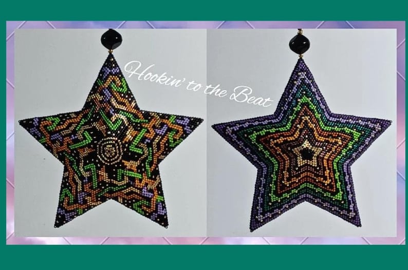 May include: Two beaded star ornaments with a black, green, purple, and orange geometric pattern. The text "Hookin' to the Beat" is visible in the image.