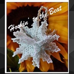 May include: White beaded flower with a silver sheen, against a yellow sunflower background. The text "Hookin' to the Beat" is written in black cursive.