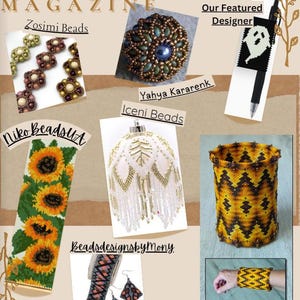 May include: A magazine cover featuring beaded crafts. The cover includes images of beaded jewelry, a pen with a beaded design, and a beaded ornament. Text includes "CREATIVE CRAFTER'S MAGAZINE" and vendor names like "Zosimi Beads" and "Ellygator Beads."