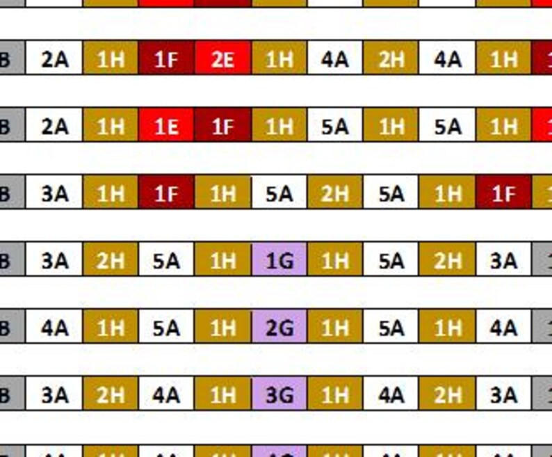May include: A chart with rows of letters and numbers. The letters are in black and the numbers are in gold, red, and purple. The chart is divided into columns with each column containing a different letter or number.