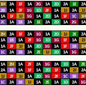 May include: A colorful grid pattern with letters and numbers. The grid is made up of squares with different colors, including red, green, blue, purple, and yellow. The letters and numbers are arranged in a random order.