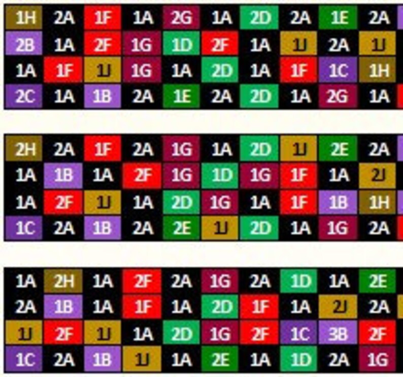May include: A colorful grid pattern with letters and numbers. The grid is made up of squares with different colors, including red, green, blue, purple, and yellow. The letters and numbers are arranged in a random order.
