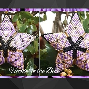 Puede incluir: Un adorno de estrella de cuentas de color morado, negro y dorado con un lazo de cuentas para colgar. La estrella está colgada de una rama de una planta verde.