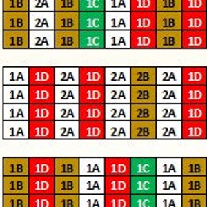 May include: A grid of colored squares with numbers and letters. The squares are arranged in rows and columns. The numbers and letters are in a variety of colors, including red, green, and gold.