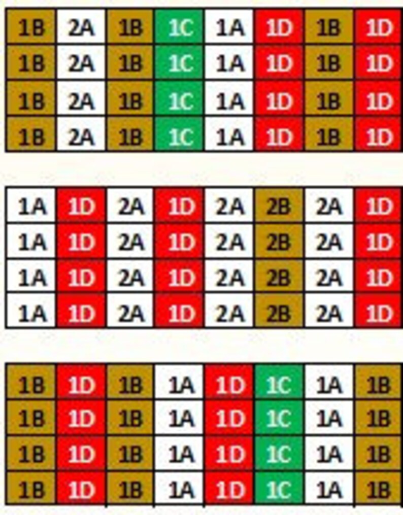 May include: A grid of colored squares with numbers and letters. The squares are arranged in rows and columns. The numbers and letters are in a variety of colors, including red, green, and gold.
