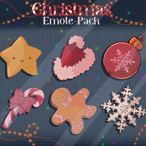 Könnte beinhalten: Ein Set mit sechs digitalen Emojis zum Thema Weihnachten. Die Emojis beinhalten einen Stern, eine Weihnachtsmütze, einen Weihnachtsbaumschmuck, einen Lebkuchenmann, einen Zuckerstock und eine Schneeflocke.