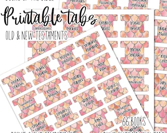 May include: Printable Bible tabs with a pink and gold mermaid scale design. The tabs include the names of all 66 books of the Bible, including the Old and New Testaments.  The text "PRINT & CUT COMPATIBLE" is printed at the bottom of the image.