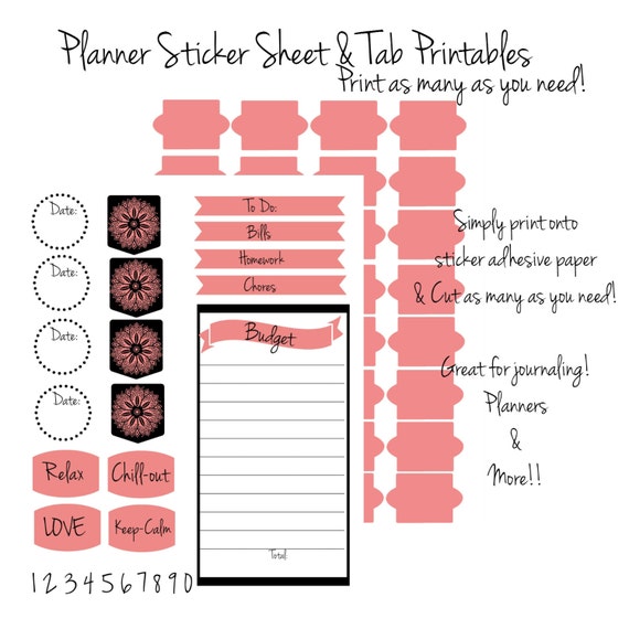 Filofax Planner Stickers - Printable Stickers - Printable Tabs - Coral and Black picture relating to Printable Tabs called Filofax Planner Stickers - Printable Stickers - Printable Tabs - Coral and Black