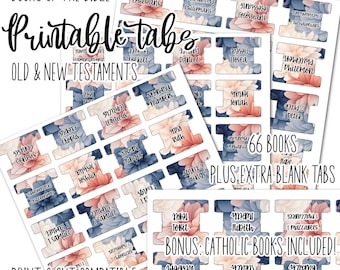 Printable Bible Tabs: Pink Blue White Floral Design, Protestant Catholic Books Included, Digital Download