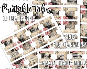 Printable Bible Tabs, Pink Black Rose Design, Protestant and Catholic (Digital Download)