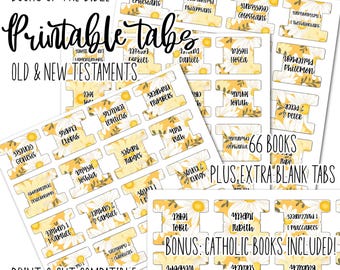 Printable Bible Tabs, Yellow White Floral Design, Protestant and Catholic Books Included, Digital Download, Print and Cut Compatible