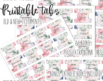 Printable Bible Tabs, Pink Green Floral Design, Protestant and Catholic Books Included, Digital Download, Print and Cut Compatible