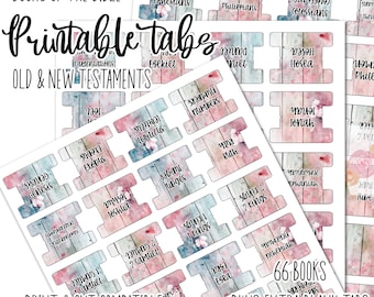 May include: Printable Bible tabs with watercolour backgrounds. The tabs feature the names of the books of the Bible in a handwritten font. The text "66 BOOKS PLUS EXTRA BLANK TABS" is printed at the bottom of the image.