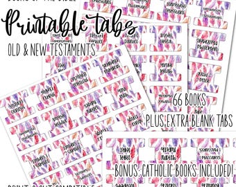 Printable Bible Tabs: Pink and Purple Boho Feathers, Protestant and Catholic Books, Digital Download