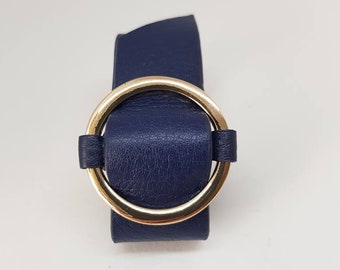 Navy Blue and Gold Leather Bracelet