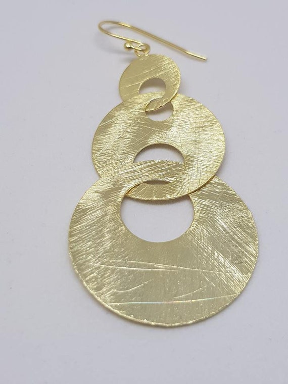 Gold Linked Triple Hoop Dangle Earrings Long Circles Hoop Brushed