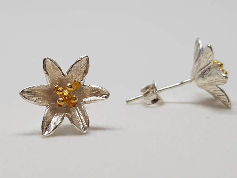 2-tone Stud Flower Earrings in Gold-Plated and Sterling Silver image 5