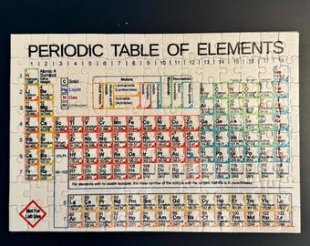 Könnte beinhalten: Ein fertiges Puzzlespiel mit dem Periodensystem der Elemente. Das Puzzle zeigt die chemischen Symbole, Ordnungszahlen und Atomgewichte, mit farbcodierten Abschnitten für Metalle, Nichtmetalle und andere Kategorien. Der Text "PERIODIC TABLE OF ELEMENTS" ist sichtbar.