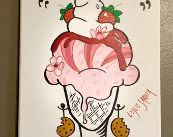 Obra de arte para habitación de niñas pequeñas, lienzo de tamaño mediano, cabello rosa colorido, helado, postre, arte mural de artista negro, impresión artística creativa