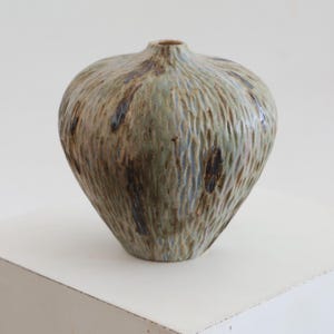 Può includere: Un vaso in ceramica bulboso con un'apertura stretta e una superficie intagliata e testurizzata. L'esterno presenta uno smalto maculato nei toni del verde salvia, marrone terra e tocchi di blu, creando un motivo verticale ondulato sul corpo.