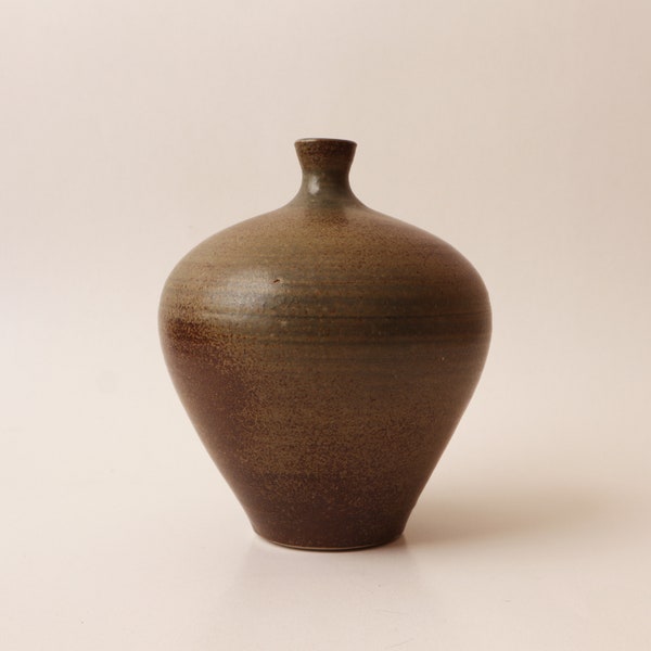 Green Narrow Neck Vase, Stoneware Ceramic Bottle, Modern Matte green / brown, Home Office Table Minimalist Decor, Matte Vase