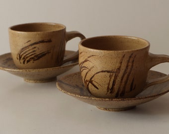 Set of 2 Ceramic Handmade Mugs and Saucers, Stoneware mugs, Ash speckled glazed, Speckle ceramic mugs, Tea set