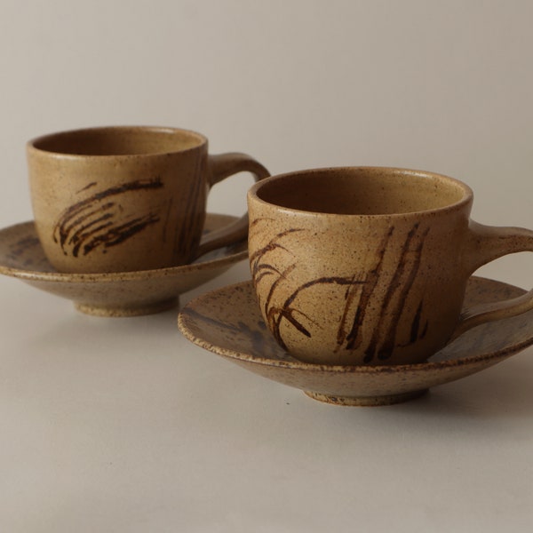 Set of 2 Ceramic Handmade Mugs and Saucers, Stoneware mugs, Ash speckled glazed, Speckle ceramic mugs, Tea set
