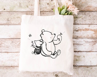 Sacola de lona reutilizável com estampa do Ursinho Pooh e do Leitão: Bolsa de biblioteca