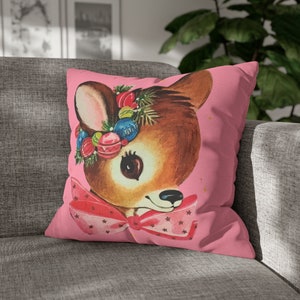 Christmas Pillow case Pink  Retro Reindeer Square - Holiday gifts - Christmas nursery decor