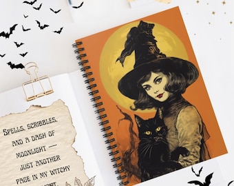 Vintage Halloween-dagboek: heksen- en kattenkunst - notitieboek spiraal