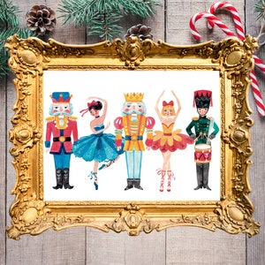 Nutcracker Ballet Prints, Watercolor Christmas Home Decor, Holiday Decor, Nutcracker Ballerina and Soldier, multiple sizes