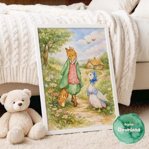 May include: A framed watercolor print featuring a fox and a goose walking on a path. The fox wears a green coat and pink vest, while the goose wears a blue bonnet. The background shows a cottage, trees, and flowers. The print is labeled "Digital Download".