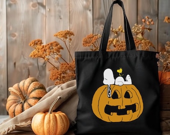 Halloween trick or treat Beagle on pumpkin Cotton Canvas Tote Bag