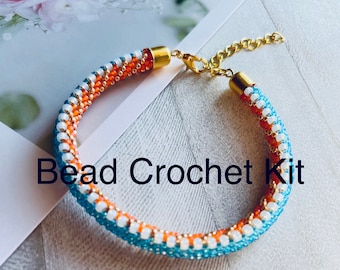 Bright blue orange bead crochet bracelet tutorial kit, dainty diy jewelry making kit, bracelet kit, seed bead kit, adult crafts, beading kit