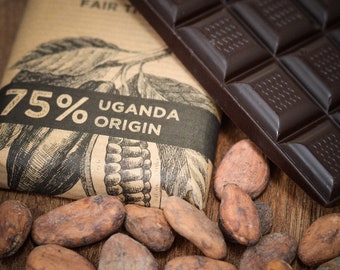 Chocolate artesanal 75 % de un solo origen, Uganda, vegano, sin lácteos, oscuro