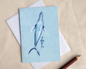 Mum Baby Whales Blue Card // New Baby New Mum Card // Watercolour Cute Whale Illustration