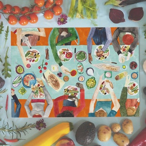 May include: A colorful illustration of a group of people sitting around a table, enjoying a meal together. The table is filled with various dishes, including salads, pasta, and bread. The illustration is surrounded by a variety of fresh vegetables and fruits, including tomatoes, lemons, and peppers.