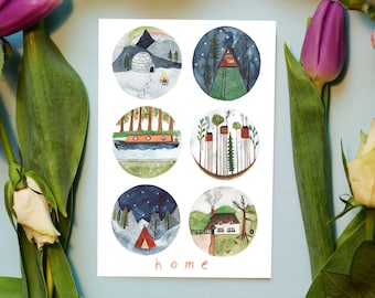 Homes of the World Travel Art // New Home Card // Tree House Print // House Warming Gift // Travel Home Decor