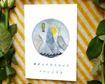 "Abenteuer erwartet Karte, ""Neue Reise"" Grußkarte, Ruhestand oder Abschlussgeschenk, handgemaltes Berge Aquarell."