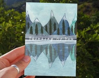 Mountains Lake Reflection Card Thinking of You Watercolour Illustration Nature Scene