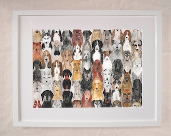 Puede incluir: Una pintura de acuarela de una colección de caras de perros, cada una con características y expresiones únicas. Los perros están dispuestos en una cuadrícula, creando una composición caprichosa y colorida.
