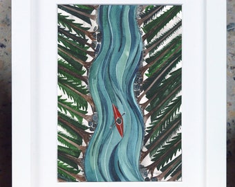 Fluss Kayak Abenteuer Kunst / In The Wild / Aquarell Natur Wandern Druck